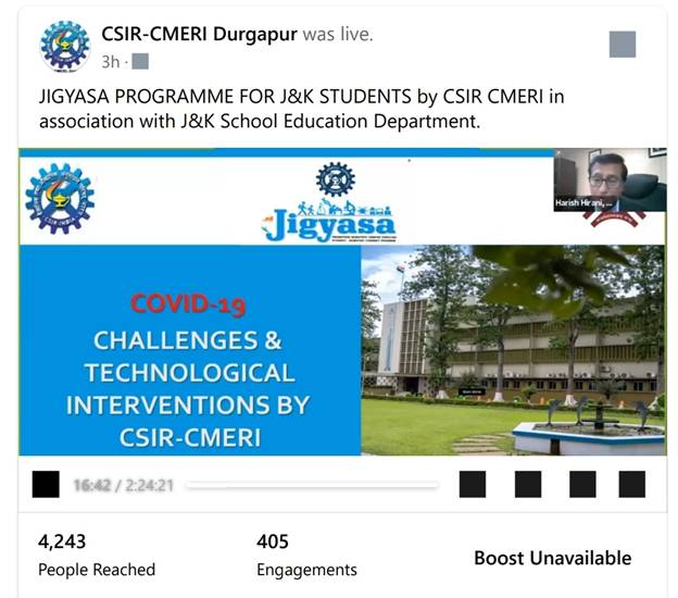 Webinar on Scientific & Technological Interventions by CSIR-CMERI combating COVID-19 under Jigyasa programme