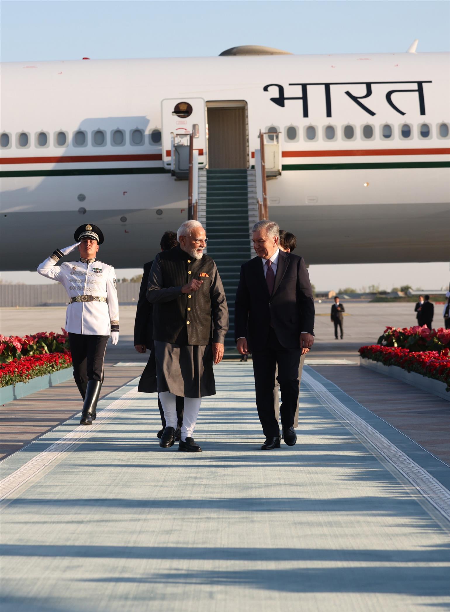 PM receives warm welcome by President of the Republic of Uzbekistan, Mr. Shavkat Mirziyoyev on his arrival at Tashkent, in Uzbekistan 
