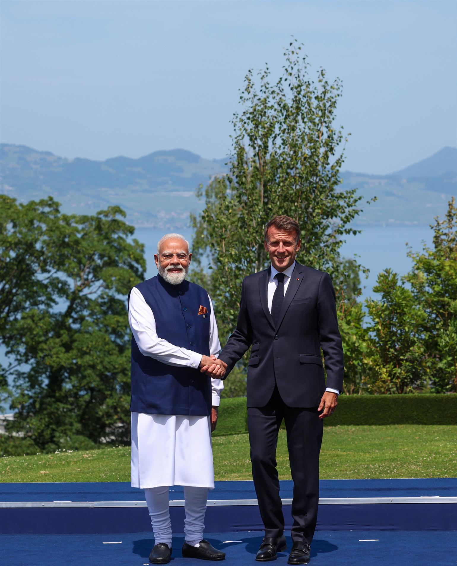 The President of France, Mr. Emmanuel Macron welcomed PM upon his arrival at the G7 Summit venue in Evian, France. 