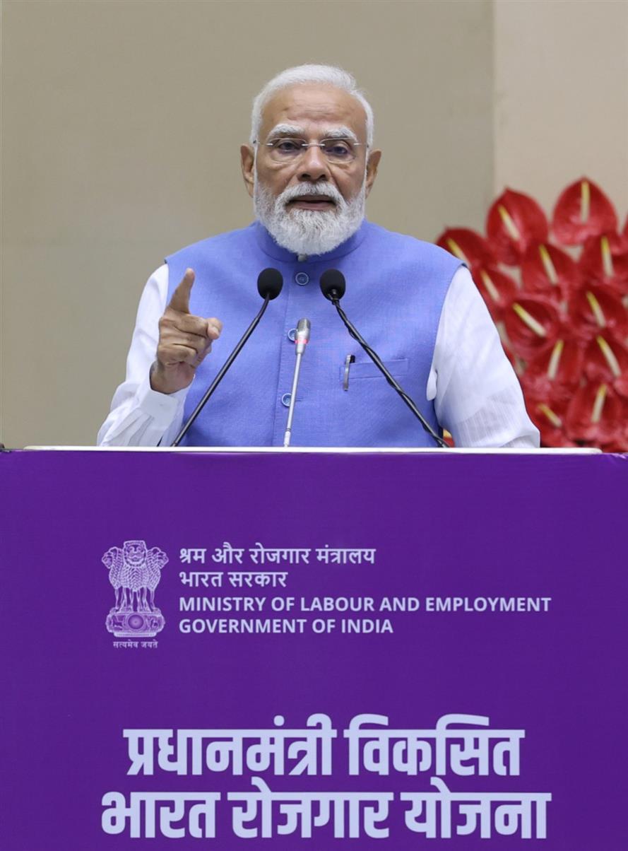 PM addressing at the Pradhan Mantri Viksit Bharat Rozgar Yojana (PM-VBRY) programme, in New Delhi. 