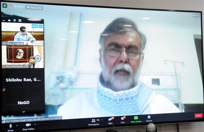 The Minister of State for Culture and Tourism (Independent Charge), Shri Prahlad Singh Patel virtually addressing the gathering at an event on the occasion of the World Tourism Day-2020 celebrations, in New Delhi on September 27, 2020.