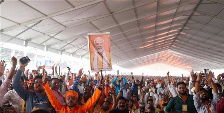 Gathering at the inauguration, laying foundation stone and dedication to the nation multiple development projects worth around Rs 12,100 crore at Darbhanga, in Bihar on November 13, 2024. PM addressing on the occasion.