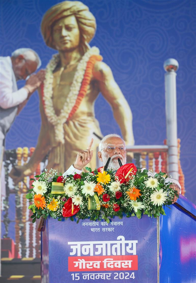 PM addressing at Janjatiya Gaurav Divas Celebrations in Jamui, Bihar on November 15, 2024.