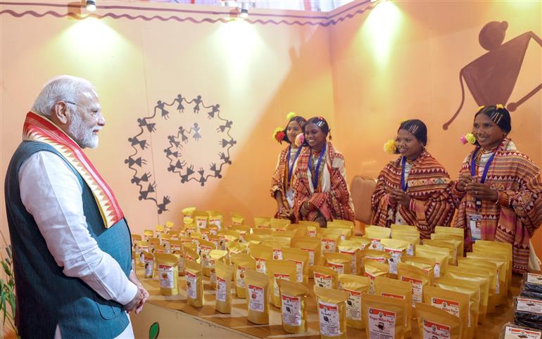 PM visits an exhibition at Jamui, in Bihar on November 15, 2024.