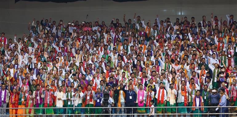 Gathering at the inauguration of 1st ‘Bodoland Mohotsov’ at SAI Indira Gandhi Sports Complex, in New Delhi on November 15, 2024. PM addressing on the occasion.