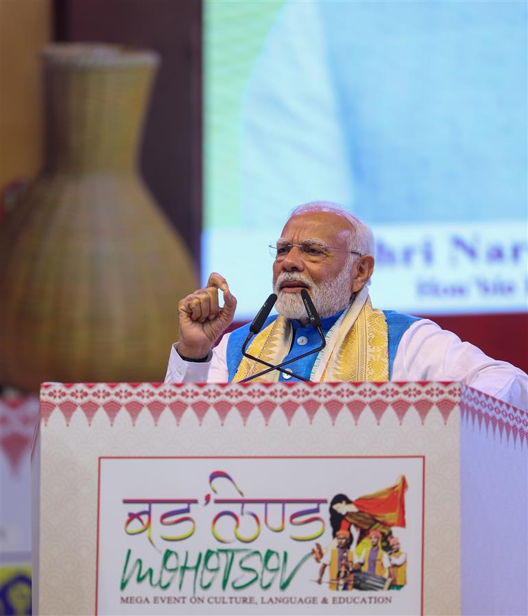 PM addressing the gathering during the inauguration of 1st ‘Bodoland Mohotsov’ at SAI Indira Gandhi Sports Complex, in New Delhi on November 15, 2024.