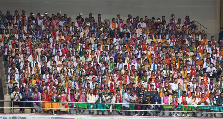 Gathering at the inauguration of 1st ‘Bodoland Mohotsov’ at SAI Indira Gandhi Sports Complex, in New Delhi on November 15, 2024. PM addressing on the occasion.