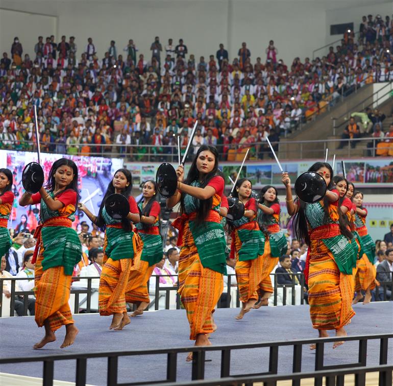 Glimpses of cultural performance during the inauguration of 1st ‘Bodoland Mohotsov’ at SAI Indira Gandhi Sports Complex, in New Delhi on November 15, 2024. PM graced the event.