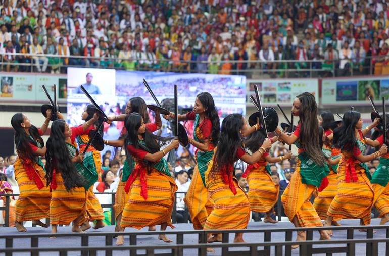 Glimpses of cultural performance during the inauguration of 1st ‘Bodoland Mohotsov’ at SAI Indira Gandhi Sports Complex, in New Delhi on November 15, 2024. PM graced the event.