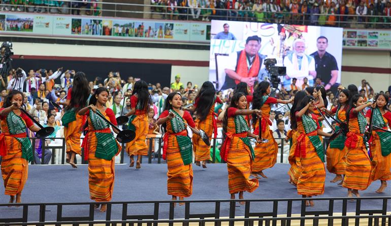 Glimpses of cultural performance during the inauguration of 1st ‘Bodoland Mohotsov’ at SAI Indira Gandhi Sports Complex, in New Delhi on November 15, 2024. PM graced the event.