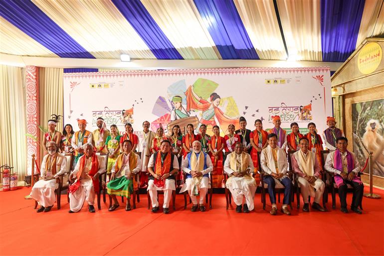 PM took a walkthrough of exhibition showcased at the inauguration of 1st ‘Bodoland Mohotsov’ at SAI Indira Gandhi Sports Complex, in New Delhi on November 15, 2024.