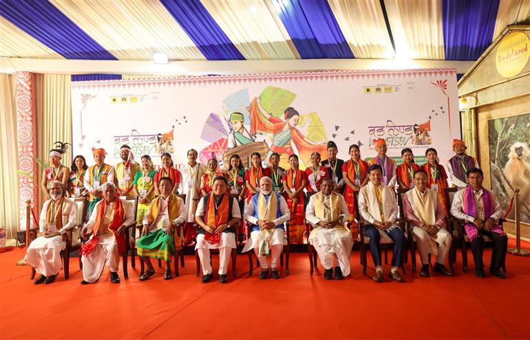 PM took a walkthrough of exhibition showcased at the inauguration of 1st ‘Bodoland Mohotsov’ at SAI Indira Gandhi Sports Complex, in New Delhi on November 15, 2024.