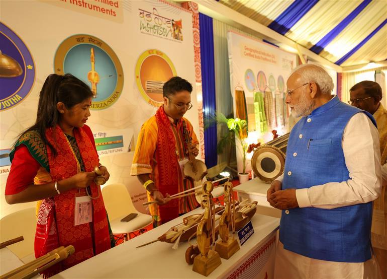 PM took a walkthrough of exhibition showcased at the inauguration of 1st ‘Bodoland Mohotsov’ at SAI Indira Gandhi Sports Complex, in New Delhi on November 15, 2024.