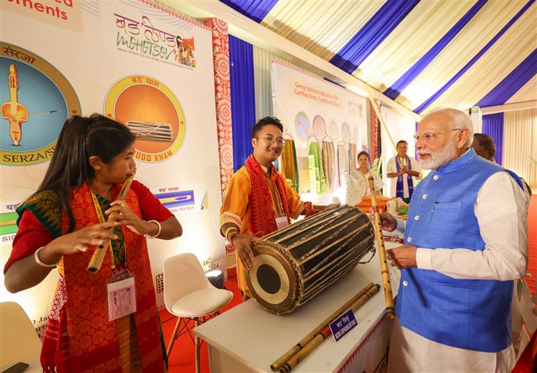 PM took a walkthrough of exhibition showcased at the inauguration of 1st ‘Bodoland Mohotsov’ at SAI Indira Gandhi Sports Complex, in New Delhi on November 15, 2024.