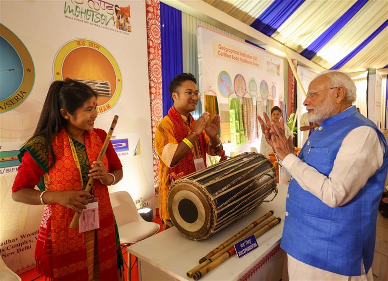 PM took a walkthrough of exhibition showcased at the inauguration of 1st ‘Bodoland Mohotsov’ at SAI Indira Gandhi Sports Complex, in New Delhi on November 15, 2024.