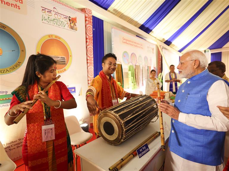 PM took a walkthrough of exhibition showcased at the inauguration of 1st ‘Bodoland Mohotsov’ at SAI Indira Gandhi Sports Complex, in New Delhi on November 15, 2024.