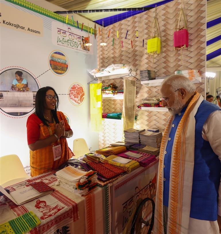 PM took a walkthrough of exhibition showcased at the inauguration of 1st ‘Bodoland Mohotsov’ at SAI Indira Gandhi Sports Complex, in New Delhi on November 15, 2024.