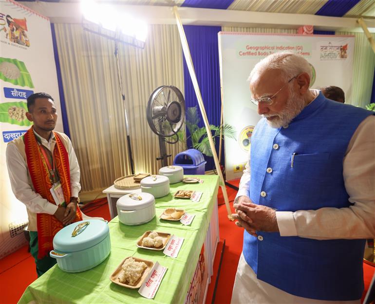 PM took a walkthrough of exhibition showcased at the inauguration of 1st ‘Bodoland Mohotsov’ at SAI Indira Gandhi Sports Complex, in New Delhi on November 15, 2024.