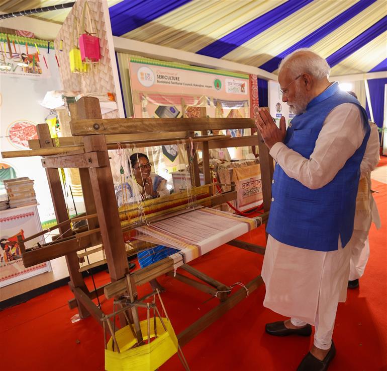 PM took a walkthrough of exhibition showcased at the inauguration of 1st ‘Bodoland Mohotsov’ at SAI Indira Gandhi Sports Complex, in New Delhi on November 15, 2024.