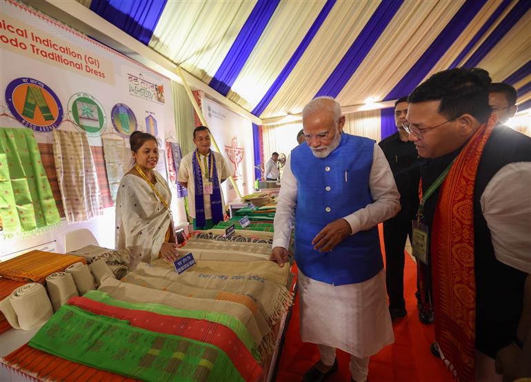 PM took a walkthrough of exhibition showcased at the inauguration of 1st ‘Bodoland Mohotsov’ at SAI Indira Gandhi Sports Complex, in New Delhi on November 15, 2024.