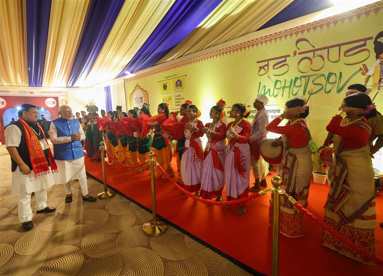 PM took a walkthrough of exhibition showcased at the inauguration of 1st ‘Bodoland Mohotsov’ at SAI Indira Gandhi Sports Complex, in New Delhi on November 15, 2024.