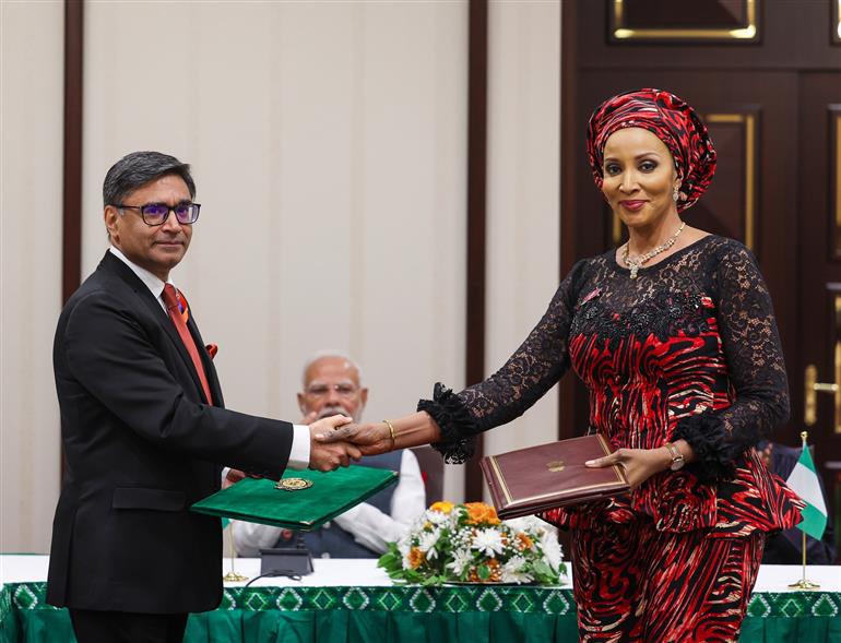 PM and the President of Nigeria, Mr. Bola Ahmed Tinubu witnessing the Exchange of MoUs between India and Nigeria at Abuja, in Nigeria on November 17, 2024.