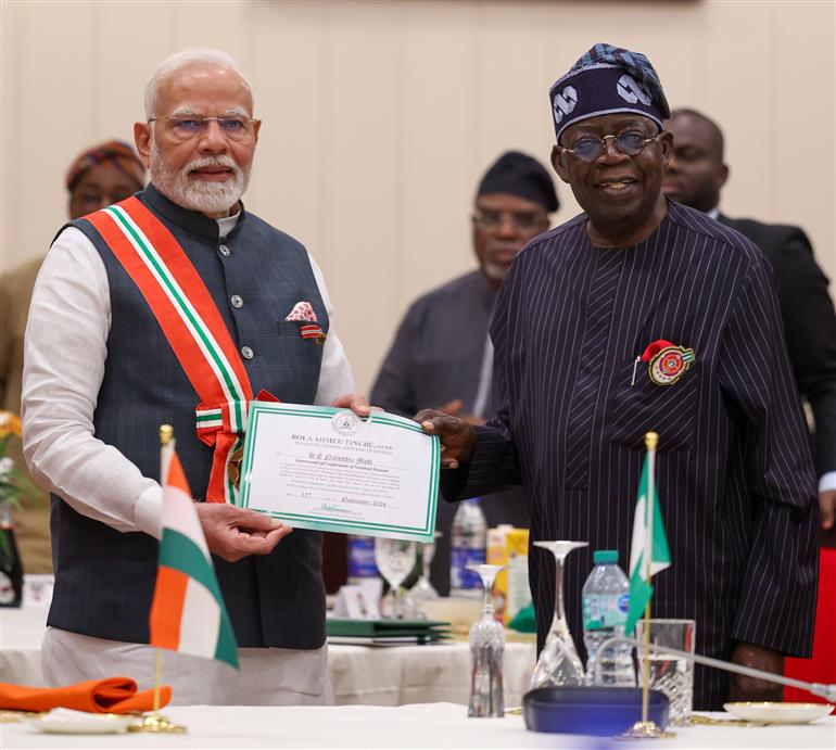 PM receives Nigeria’s 2nd highest honour - ‘Grand Commander of the Order of the Niger’ award at Abuja, in Nigeria on November 17, 2024.