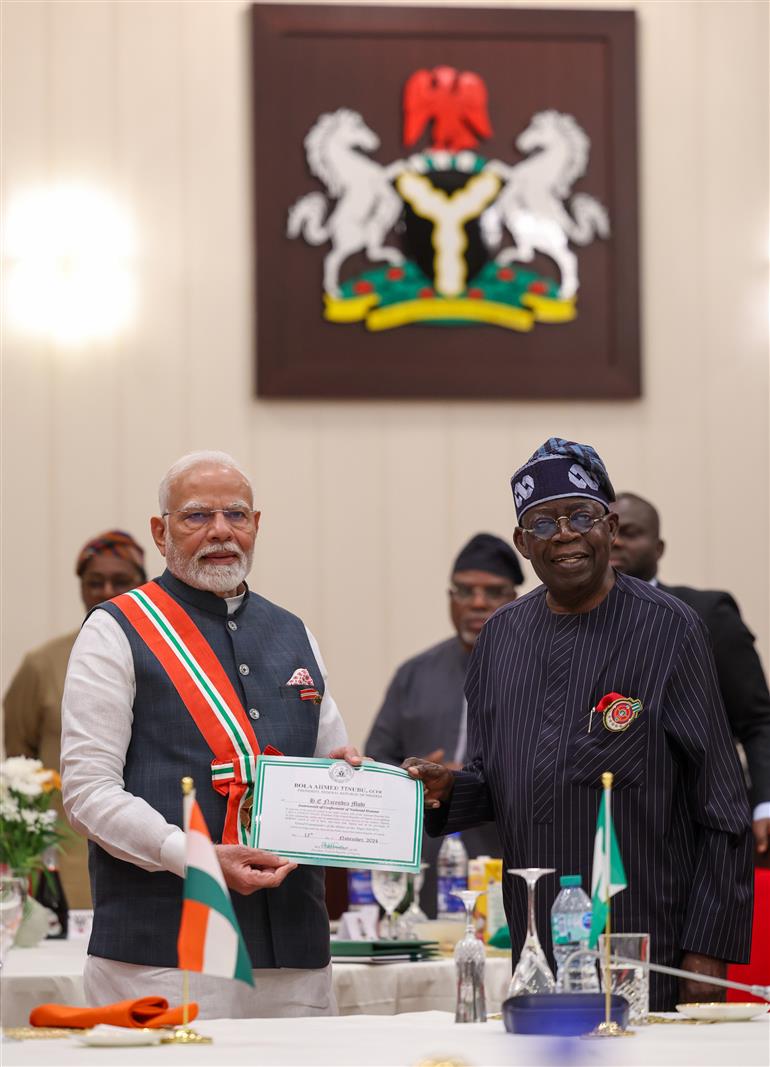 PM receives Nigeria’s 2nd highest honour - ‘Grand Commander of the Order of the Niger’ award at Abuja, in Nigeria on November 17, 2024.