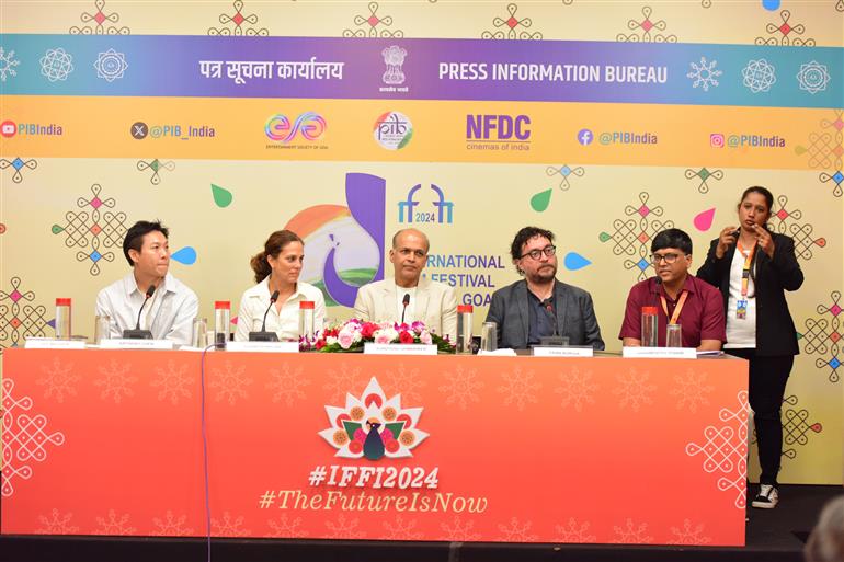 Press Conference International Competition Jury Fran Borgia, Ashutosh Gowarikar Chairperson, Elizabeth Karlsen & Anthony Chen at 55th IFFI, in Goa on November 27, 2024. 