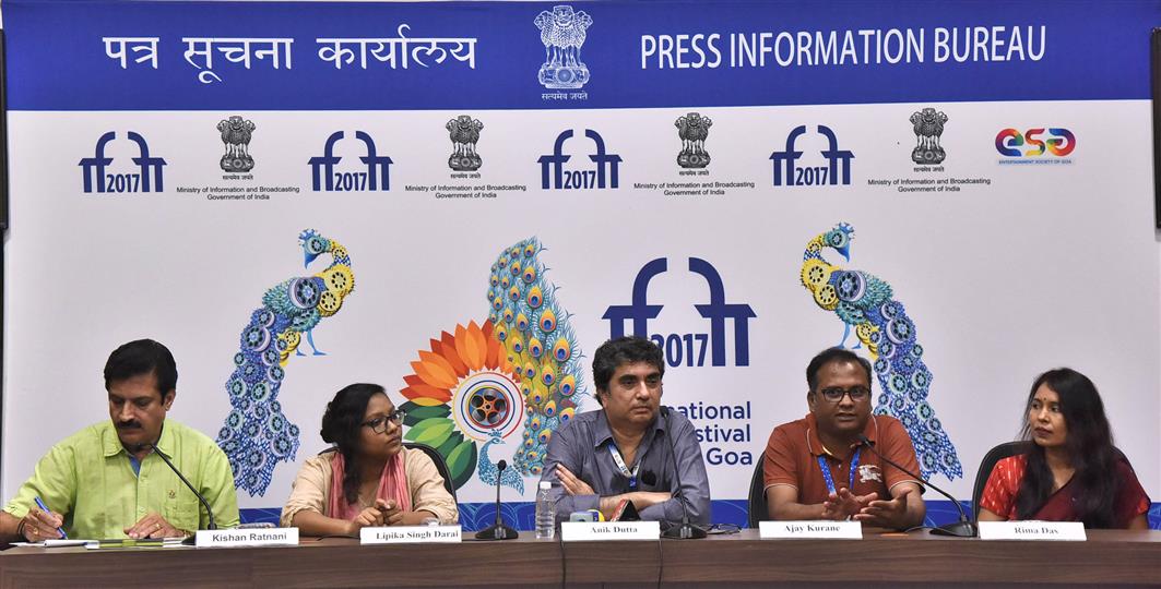 The Director Ajay Kurane of the film BALUTA, Director Lipika Singh Darai of the film THE WATERFALL, Director Rima Das of the Assemese film VILLAGE ROCKSTARS and Director Anik Dutta of the Bengali film MEGHNADBADH RAHASYA, at the ‘Indian Panorama-Meet the Directors’, Press Conference, during the 48th International Film Festival of India (IFFI-2017), in Panaji, Goa on November 22, 2017.:Ministry of Information & Broadcasting