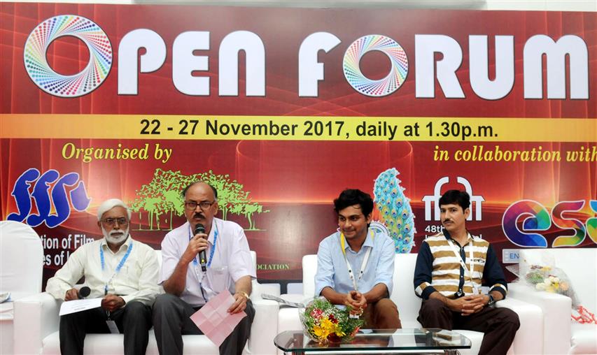 The Film-maker Dr. Shreyans Jain, Bharat Mirle and N. Vidyasankar at Open Forum on ‘Film making in changing scenario, Focus on Technology, Audience, Distribution, Economics, and Screening facility’, during the 48th International Film Festival of India (IFFI-2017), in Panaji, Goa on November 23, 2017.:Ministry of Information & Broadcasting