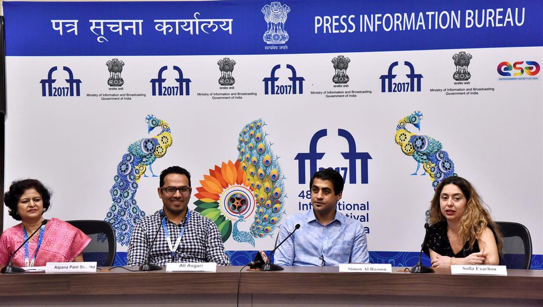 The Directors Mr. Simon Al Bazoon, Ms. Sofia Exarhou, Mr. Ali Asgari at the Cinema of the World Press Conference, during the 48th International Film Festival of India (IFFI-2017), in Panaji, Goa on November 23, 2017. :Ministry of Information & Broadcasting