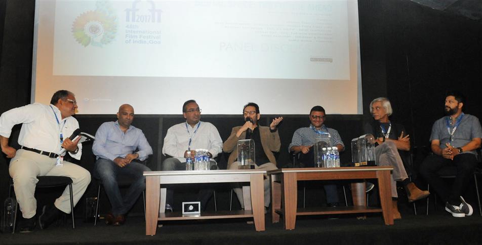 The Filmmaker Panelists: Shekhar Kapur, Sudhir Mishra, Karan Anshuman Vijay Subramaniam, Sameer Nair and Moderator, Bharatbala Ganapathy, at the Panel Discussion , during the 48th International Film Festival of India (IFFI-2017), in Panaji, Goa on November 25, 2017.:Ministry of Information & Broadcasting