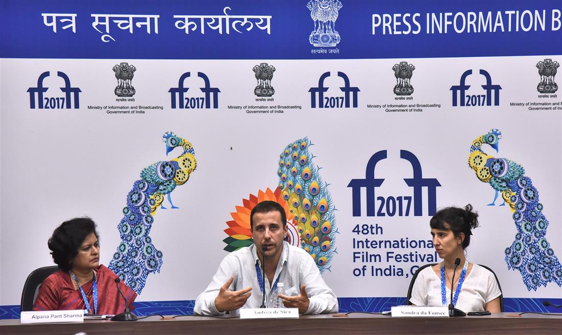 The Director Mr. Andrea De Sica and the Producer, Ms. Sandra De Fonsec of the film CHILDREN OF THE NIGHT, at a press conference, during the 48th International Film Festival of India (IFFI-2017), in Panaji, Goa on November 26, 2017.:Ministry of Information & Broadcasting