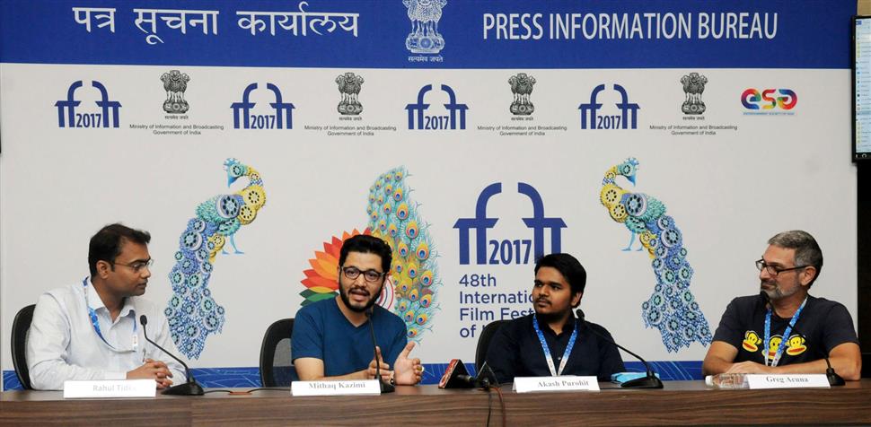 Mithaq Kazimi, Akash Purohit, Greg Acuna at a Press Conference on Tech Media Start-Up Expo, during the 48th International Film Festival of India (IFFI-2017), in Panaji, Goa on November 27, 2017.:Ministry of Information & Broadcasting