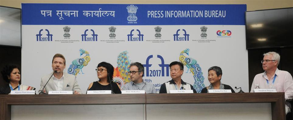 The Director Mina Shum, Producer Stephen Hegyes, Actress Cheng Pei Pei, Actor Tzi Ma of the Canadian film MEDITATION PARK, at a Press Conference, during the 48th International Film Festival of India (IFFI-2017), in Panaji, Goa on November 27, 2017.:Ministry of Information & Broadcasting