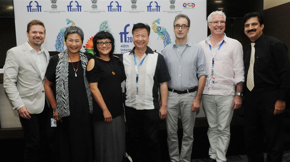 The Director Mina Shum, Producer Stephen Hegyes, Actress Cheng Pei Pei, Actor Tzi Ma of the Canadian film MEDITATION PARK, at a Press Conference, during the 48th International Film Festival of India (IFFI-2017), in Panaji, Goa on November 27, 2017.:Ministry of Information & Broadcasting