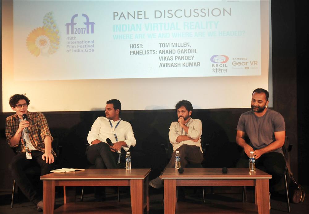 Guest: Vikas Pandey, Avinash Kumar, Anand Gandhiat the Pannel Discussion Indian Vartual Reality, Host by Tom Millen, during the 48th International Film Festival of India (IFFI-2017), in Panaji, Goa on November 27, 2017.:Ministry of Information & Broadcasting