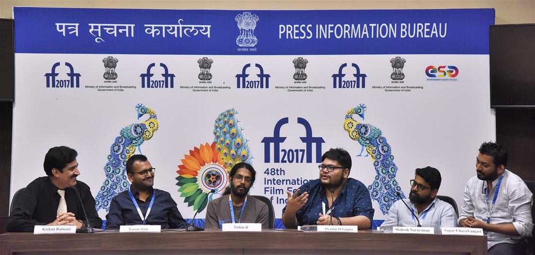 The Indian Panorama Directors - Feature films:TAKE OFF (Malayalam) Director-Mahesh Narayanan, MAACHER JHOL (Bengal), Director- Pratim D. Gupta, REDU (Marathi) Director- Sagar Chaya Vanjari, Non Feature films, AMMA MERI, Director-Tarun Jain, NAME PLACE ANIMAL THINGS Director- Nithin R., at a press conference, during the 48th International Film Festival of India (IFFI-2017), in Panaji, Goa on November 27, 2017.:Ministry of Information & Broadcasting