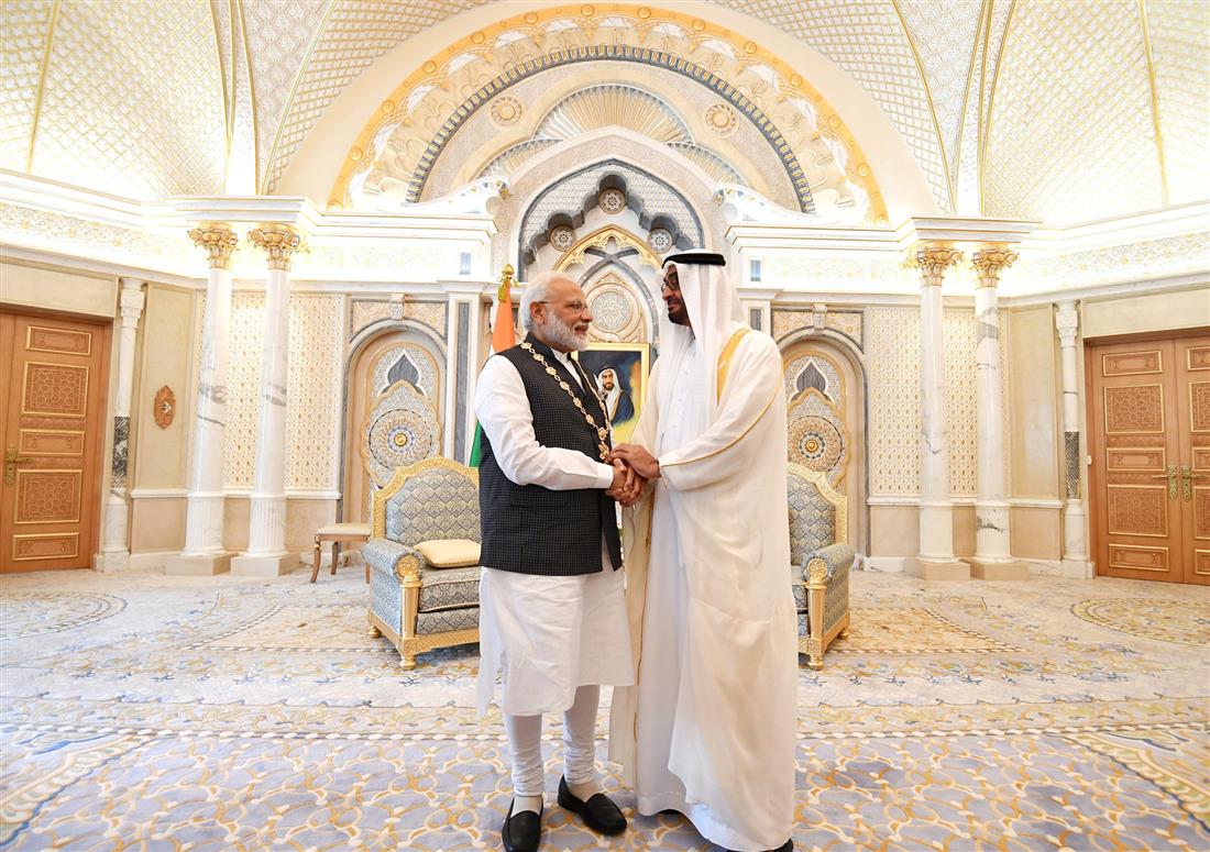 The Prime Minister, Shri Narendra Modi being conferred with the UAE’s highest civilian award ‘Order of Zayed’ by the Crown Prince of Abu Dhabi, Sheikh Mohammed Bin Zayed Al Nahyan, at Abu Dhabi, in UAE on August 24, 2019.