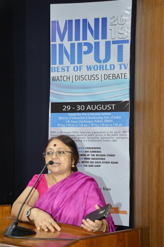 Dr. Debamitra Mitra, Director, Satyajit Ray Film and Television Institute (SRFTI) speaking on Mini Input 2019, the two-day programme where television professionals (channel executives, commissioning editors, directors and producers) from all over the globe met to view the best roductions, exchange ideas and debate on matters relating to public broadcasting, on August 29, 2019 at SRFTI.