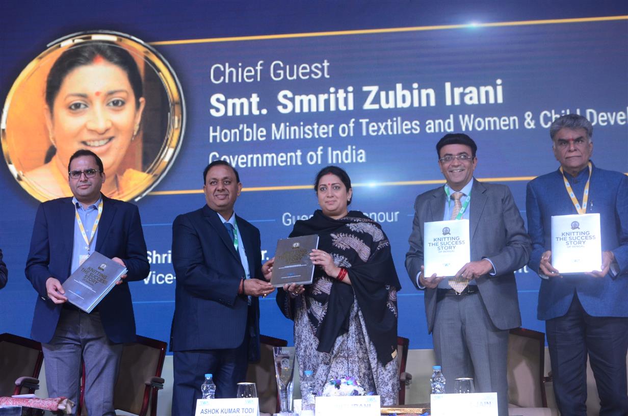 Union Minister of Textiles and Women and Child Development,  Smriti Zubin Irani releasing Coffee Table Book during the One-Day Conference held to commemorate 125 years of Knitwear Industry by West Bengal Hosiery Association in Kolkata on December, 20, 2019. 