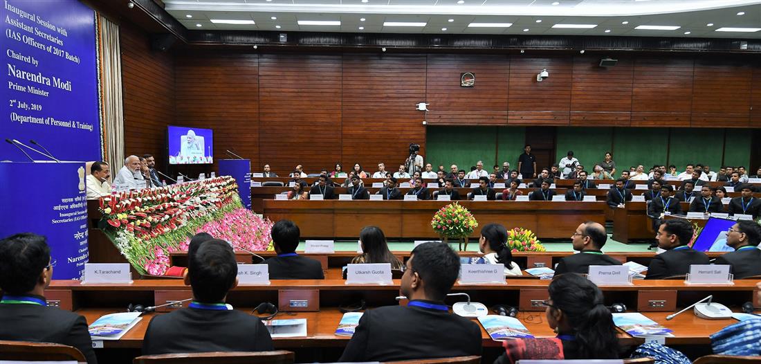 The Prime Minister, Shri Narendra Modi addressing the Inaugural Session of Assistant Secretaries (IAS Officers of 2017 batch), in New Delhi on July 02, 2019. The Minister of State for Development of North Eastern Region (I/C), Prime Minister’s Office, Personnel, Public Grievances & Pensions, Atomic Energy and Space, Dr. Jitendra Singh, the Cabinet Secretary, Shri P.K. Sinha, the Additional Principal Secretary to the Prime Minister, Dr. P.K. Mishra and the Secretary, DoPT, Shri C. Chandramouli are also seen. 