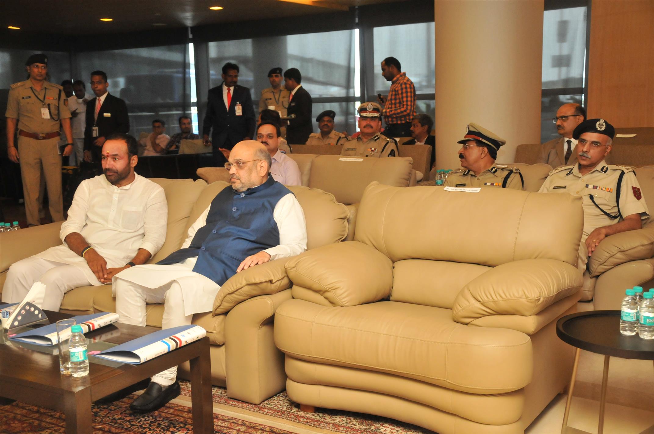 The Union Home Minister, Shri Amit Shah interacting with CISF officials at RGI Airport in Hyderabad on July 06, 2019. The Minister of State for Home Affairs, Shri G. Kishan Reddy and CISF officals are also seen 