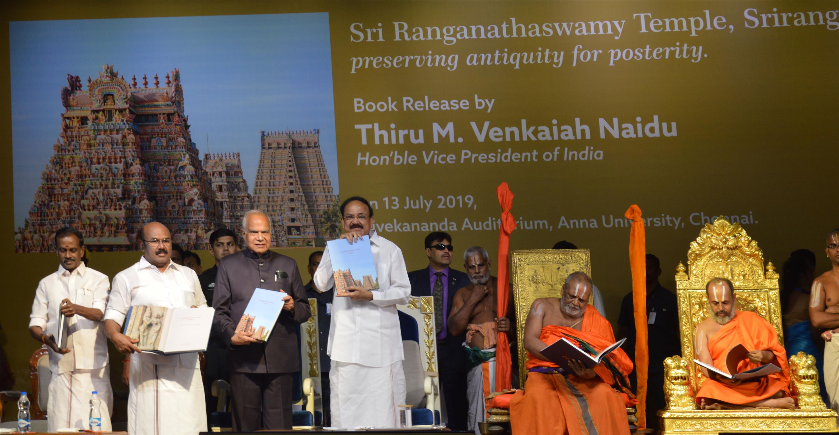 Vice President of India Shri. M. Venkaiah Naidu releasing the book titled Sri Ranganathasamy Temple, Srirangam: preserving antiquity for posterity in Chennai today.(13.07.2019)