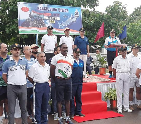 Chief Minister Dr Pramod Sawant at a Joint Walkathon by Indian Navy and Army at Bambolim, Goa on July 26, 2019 to commemorate the 20th anniversary of Kargil Vijay Diwas. Rear Admiral Philipose Pynumootil, the Flag Officer Commanding Goa Naval Area,  Brig AK Sharma, Comdt 2 STC and other senior officers were present on the occasion.