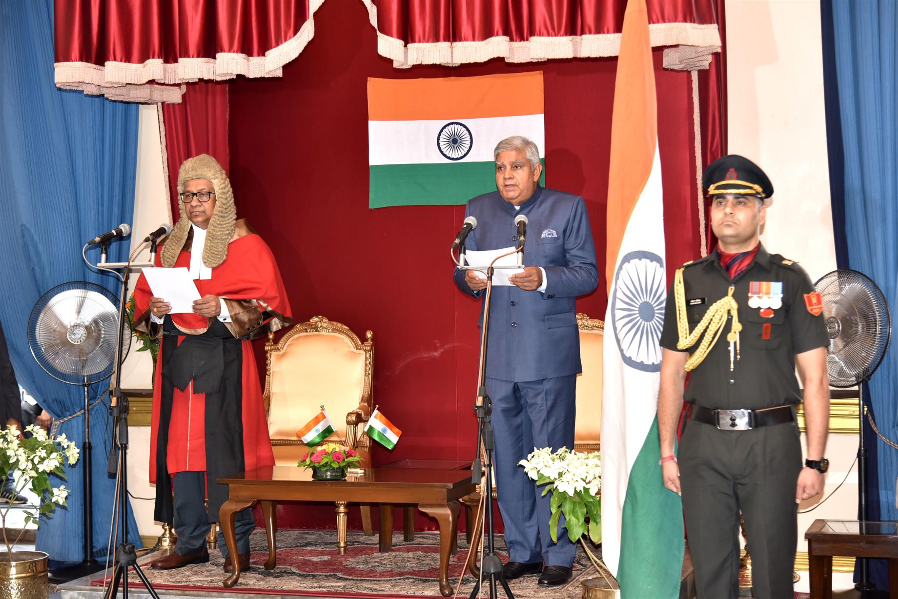 The Chief Justice of Calcutta High Court Shri Thottathil B Radhakrishnan administering oath  to the new governor of  West Bengal Shri Jagdeep Dhankhar in the Swearing-in-Ceremony at Raj Bhawan, Kolkata on July 30, 2019.