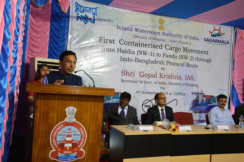Shri Gopal Krishna, Secretary, Ministry of Shipping speaking on the occasion of first ever movement of containerised cargo on Brahmaputra (National Waterway-2) at Deep Bhawan, Taratolla, Kolkata on November 4, 2019.