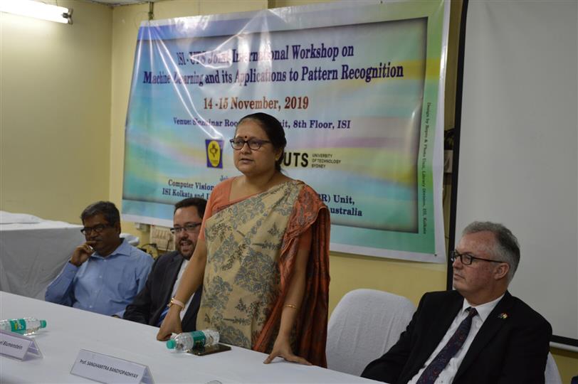 Prof. Sanghamitra Bandyopadhyay, Director, ISI, speaking at the dais at the International Workshop on Machine Learning and its Applications to Pattern Recognition (IWMLAPR-2019) at ISI Campus, Kolkata on 14.11.2019. 