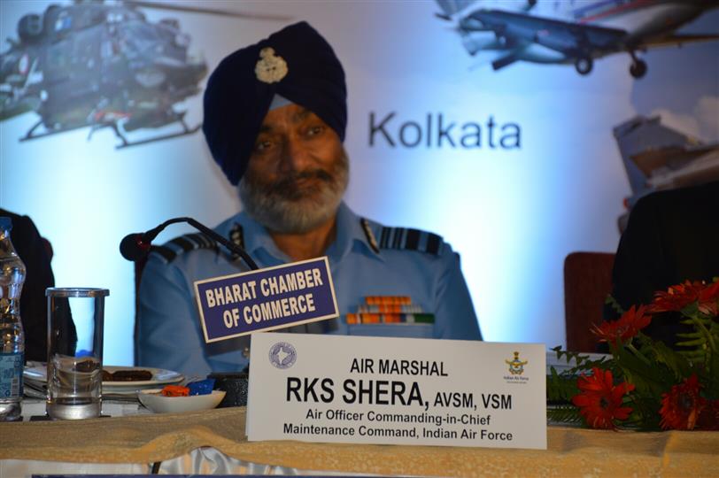 Air Marshal R. K. S. Shera, Air Officer, Commanding in Chief, Maintenance Command, Indian Air Force, Indian Air Force, sitting at the dais at a day long national seminar and exhibition on Indian Aviation Sector Opportunities and Challenges organized by Bharat Chamber of Commerce along with Indian Air Force at Kolkata on 15.11.2019.